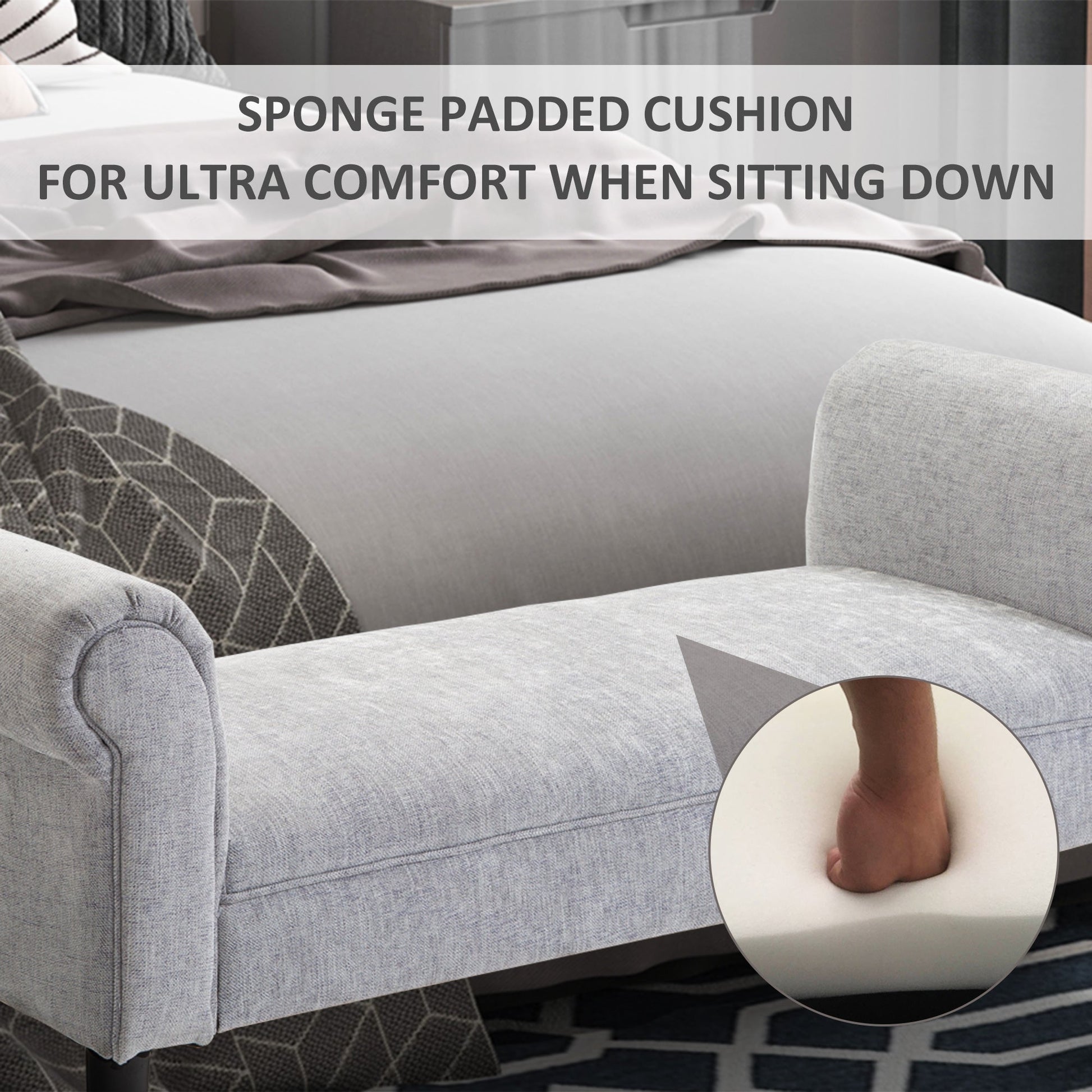 Bed End Side Chaise Lounge Sofa Window Seat Arm Bench Wooden Leg Linen Fabric Cover Light Grey-4