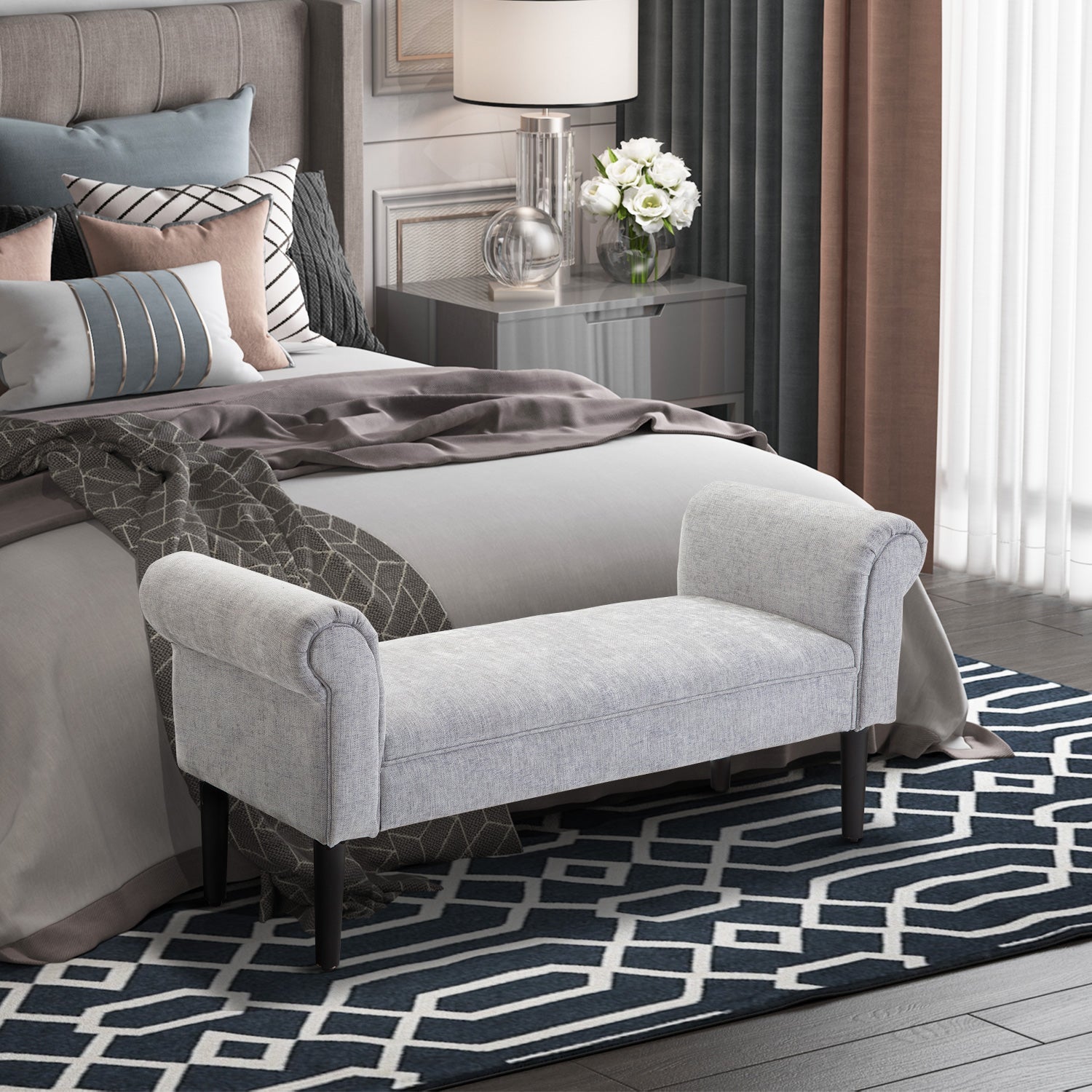 Bed End Side Chaise Lounge Sofa Window Seat Arm Bench Wooden Leg Linen Fabric Cover Light Grey-1