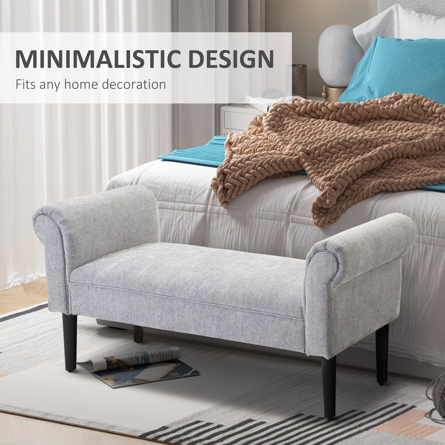 Bed End Side Chaise Lounge Sofa Window Seat Arm Bench Wooden Leg Linen Fabric Cover Light Grey-3